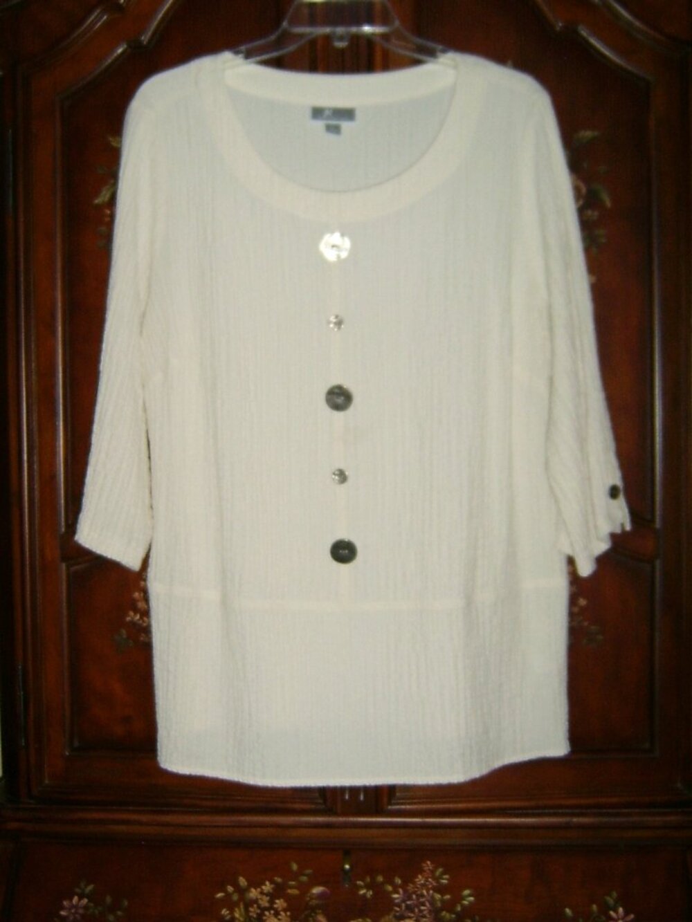 JM Collection Ivory Ribbed 3/4 Sleeve Blouse, Size L, VGUC
